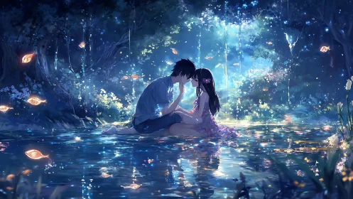 Young couple share a luminous kiss in a magical forest pool