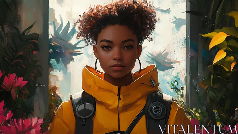 Bright explorer in yellow jacket amid lush painted garden.