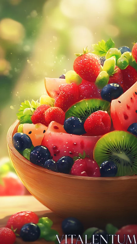 Wooden bowl containing mixed sliced and whole fruits outdoors.