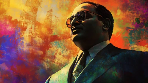 Portrait of suited man against saturated abstract chromatic background