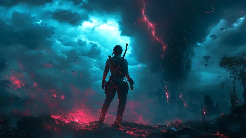Lone warrior facing neon storm vortex in apocalyptic landscape