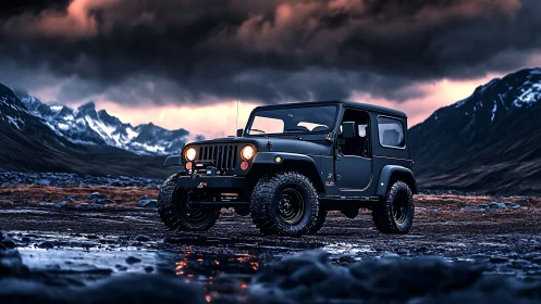 Storm-chasing off‑roader growls across brooding mountain dusk