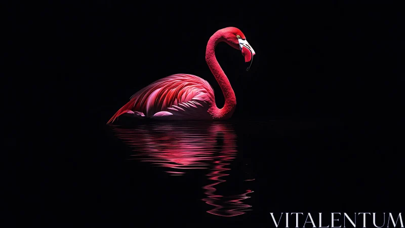 Crimson flamingo glides through black water with neon sheen.