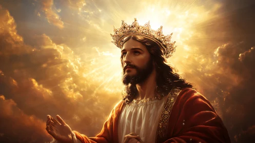 Radiant crowned figure gazes heavenward in golden light