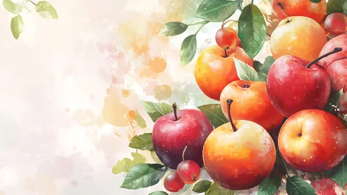 Sunlit watercolor apples gathered in a cheerful garden hush.