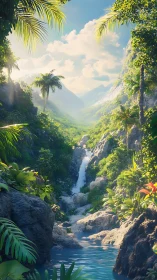 Sunlit jungle waterfall inviting you into a quiet escape.