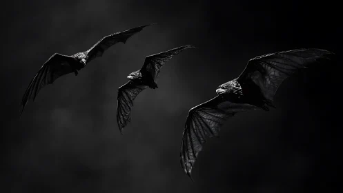Trio of nocturnal bats in high-contrast monochrome flight field.