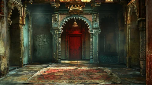 Quiet red doorway inside a timeworn gilded palace hall.