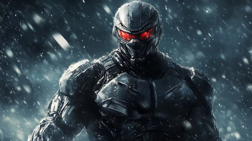 Armored cybernetic soldier stands in storming snowfall
