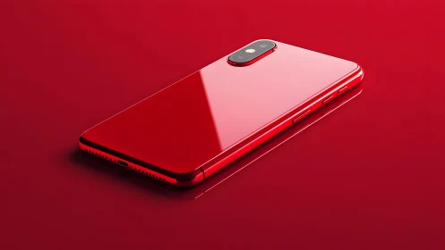 Sleek red smartphone on glossy surface, modern minimalist style.