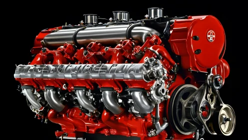 Highly Detailed Red and Silver V12 Engine on Black Background.