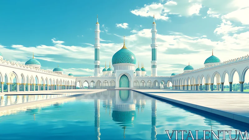 Islamic mosque courtyard with domes and reflective pool.