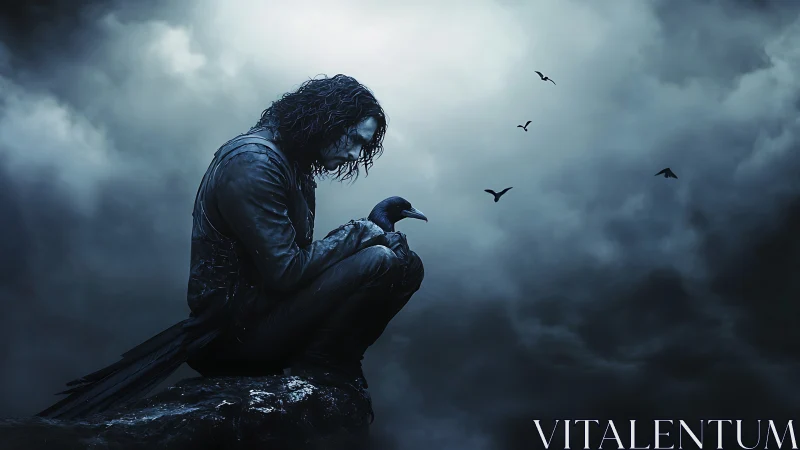 Brooding figure with raven on storm-lashed cliff in cyan gloom.