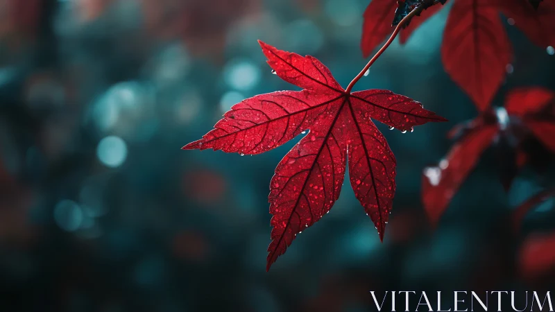 Single wet red maple leaf hangs against soft teal bokeh