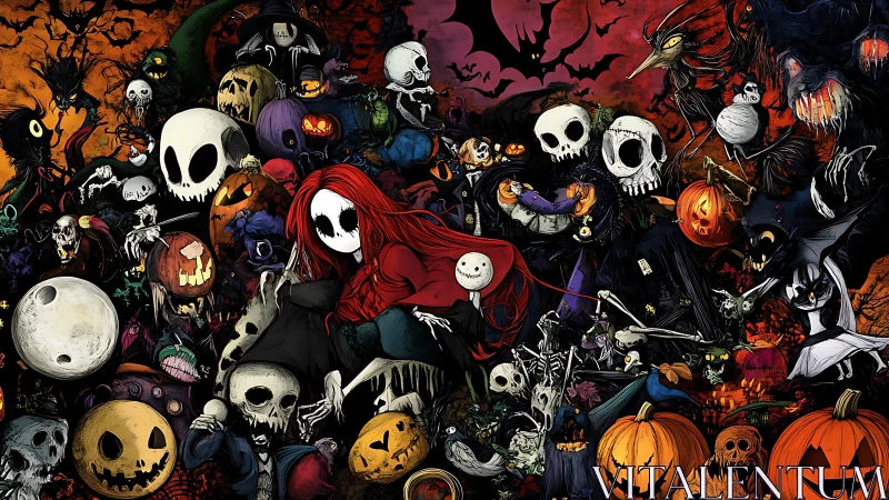 Dense Halloween fantasy scene with skulls and pumpkins.
