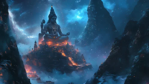 Mountain temple city under colossal meditating deity.