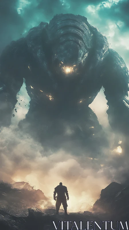 Colossal luminous golem looms over lone warrior in fog