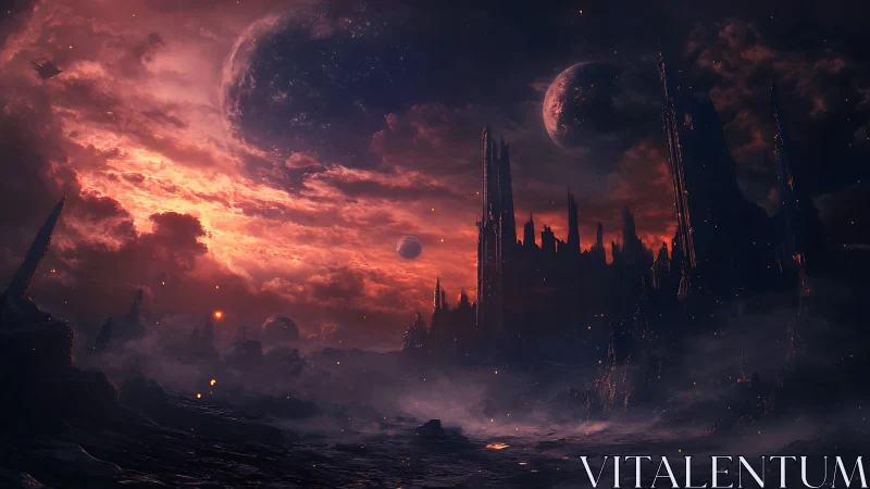 Dramatic alien skyline glows under burning crimson clouds