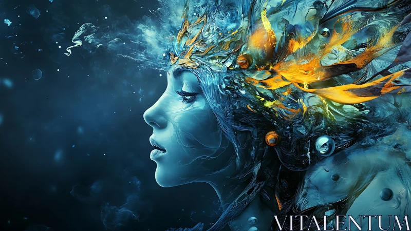 Oceanic spirit portrait radiates swirling molten energy