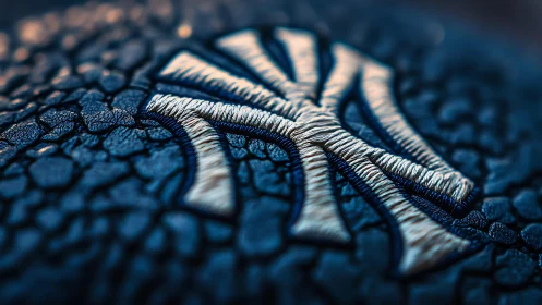 Metallic NY monogram embossed on cracked blue leather surface.