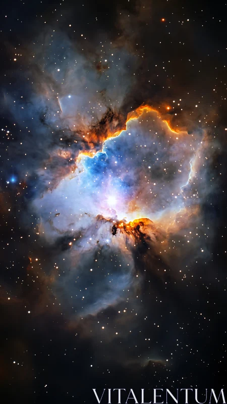 Stellar nebula core with luminous blue and orange gas.