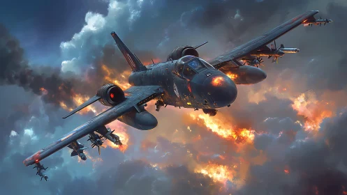 Combat aircraft in flight with engine ignition and atmospheric effects.