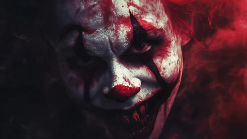 Bloodlit carnival nightmare grins through creeping red smoke