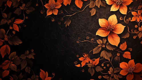 Burnt orange florals glow against textured black background.