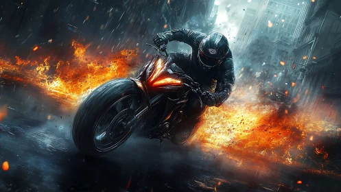Futuristic rider carving through flaming wet city streets.