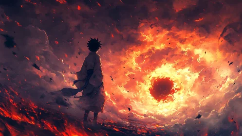 Lone wanderer confronts a blazing celestial vortex of fire.