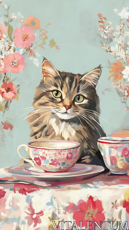 Tabby Cat at Floral Tea Setting Against Blue Background.