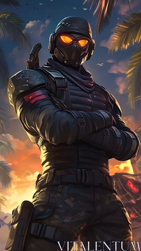 Sunset stealth operative standing guard beneath palm skies.