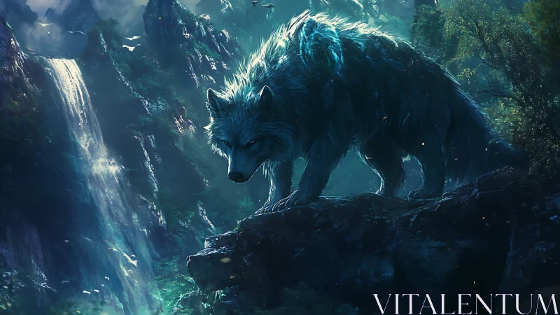 Luminous spectral wolf overlooking misted mountain cascade.