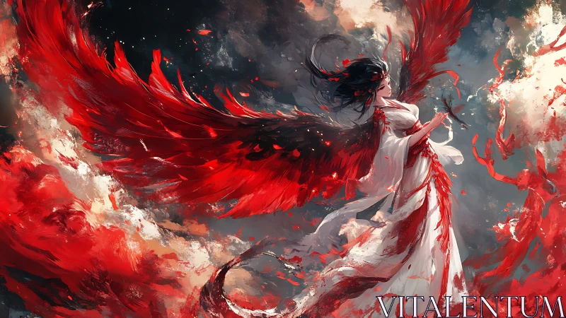Crimson winged seraph soaring through stormlit celestial fire.