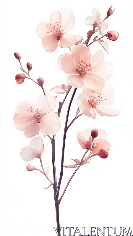 Delicate Pink Cherry Blossoms: Botanical Illustration with Translucent Petals