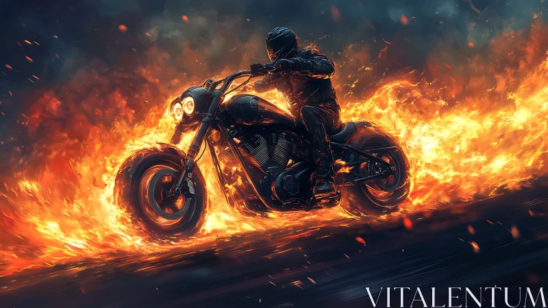 Flaming night motorcycle sprint through molten firestorm.