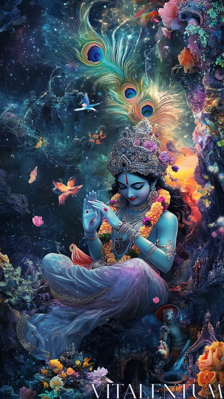 Divine blue deity plays flute amid cosmic peacock light.