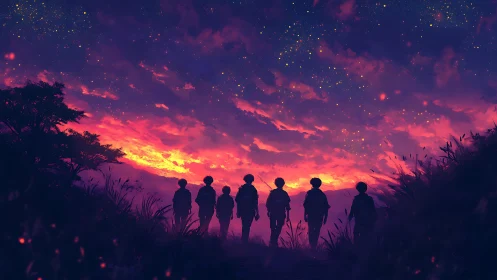 Silhouetted figures beneath starry dusk sky and horizon.