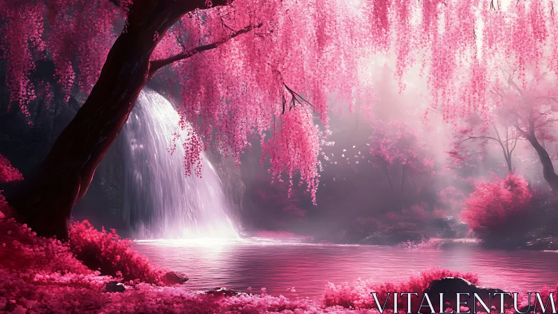 Blossom-drenched waterfall dreaming in electric pink hush.