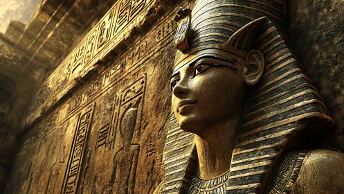 Golden pharaoh relief with sunlit hieroglyphic stone wall.