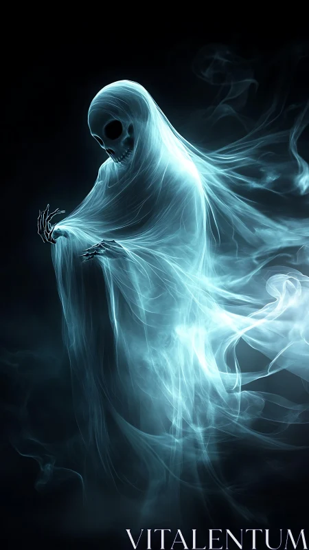 Luminous spectral wraith drifts through deep black void