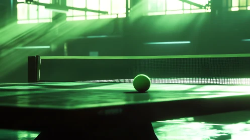Backlit table tennis ball on netted table in green gym light
