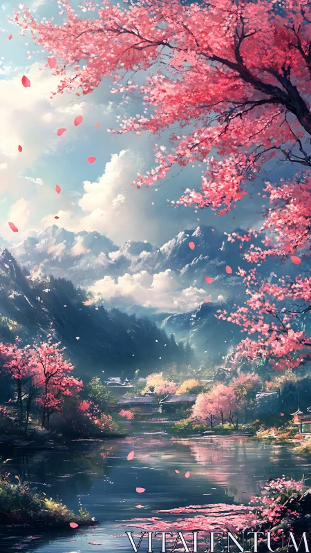 Cherry blossom valley river under glowing mountain clouds.