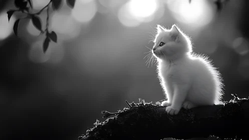 Luminous White Kitten Portrait: Monochromatic Backlighting Study.