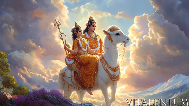 Two divine figures on white bull in luminous clouded sky.