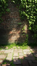 Sunlit ivy quietly softens an old brick garden wall