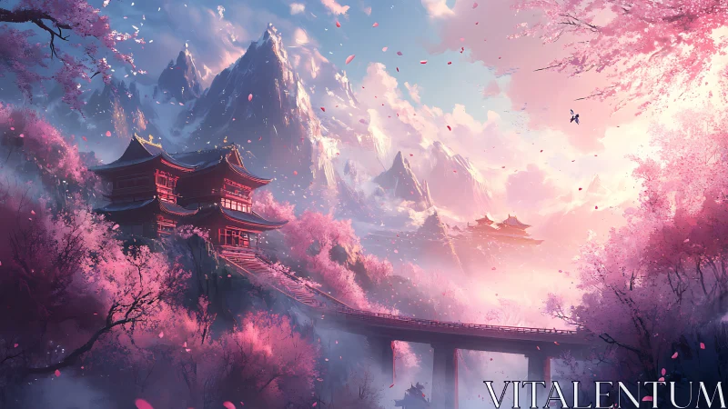 Mountain temple complex spans valley beneath cherry blossoms