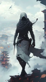 Hooded figure on elevated ledge above foggy cityscape.