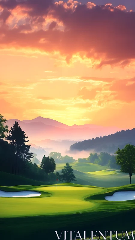 Sunset over rolling golf course with distant misty hills.