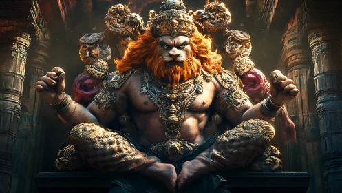 Lion-headed deity enthroned in ornate golden temple hall.